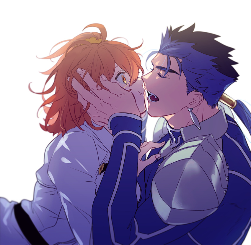 1boy armor backlighting belt blue_bodysuit blue_hair bodysuit brown_hair chaldea_uniform cheek_squash closed_eyes cu_chulainn_(fate)_(all) earrings facing_another fate/grand_order fate/stay_night fate_(series) fujimaru_ritsuka_(female) hair_strand hetero jewelry lancer long_hair looking_at_another pauldrons ponytail shirt short_hair shoulder_armor simple_background thick_eyebrows uni_(nico02) upper_body white_background white_shirt yellow_eyes