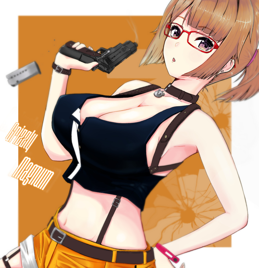 1girl alternate_hairstyle bangs bizen_kurage blush breasts brown_hair cleavage commentary_request english_text eyebrows_visible_through_hair girls_frontline glasses grizzly_mkv grizzly_mkv_(girls_frontline) gun highres huge_breasts looking_at_viewer official_alternate_costume open_mouth ponytail purple_eyes short_hair shorts solo weapon