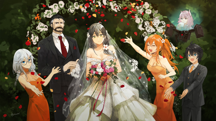 2boys 4girls ahoge animal_ears bangs bare_shoulders beard berezovich_kryuger_(girls_frontline) black_hair black_suit black_vest blue_eyes breasts cat_ears cleavage closed_eyes closed_mouth collarbone cowboy_shot cup deele_(girls_frontline) dress drone eyebrows_visible_through_hair facial_hair flower girls_frontline glasses grey_hair hair_between_eyes hair_flower hair_ornament hairclip hei_chuan_gui helianthus_(girls_frontline) highres holding holding_cup hologram kalina_(girls_frontline) long_hair long_sleeves looking_at_viewer messy_hair mixed-language_commentary multiple_boys multiple_girls necktie no_eyewear open_mouth orange_hair persica_(girls_frontline) pink_hair red_neckwear scar seele_(girls_frontline) shirt side_ponytail silver_hair smile vest wedding_dress white_shirt yellow_eyes