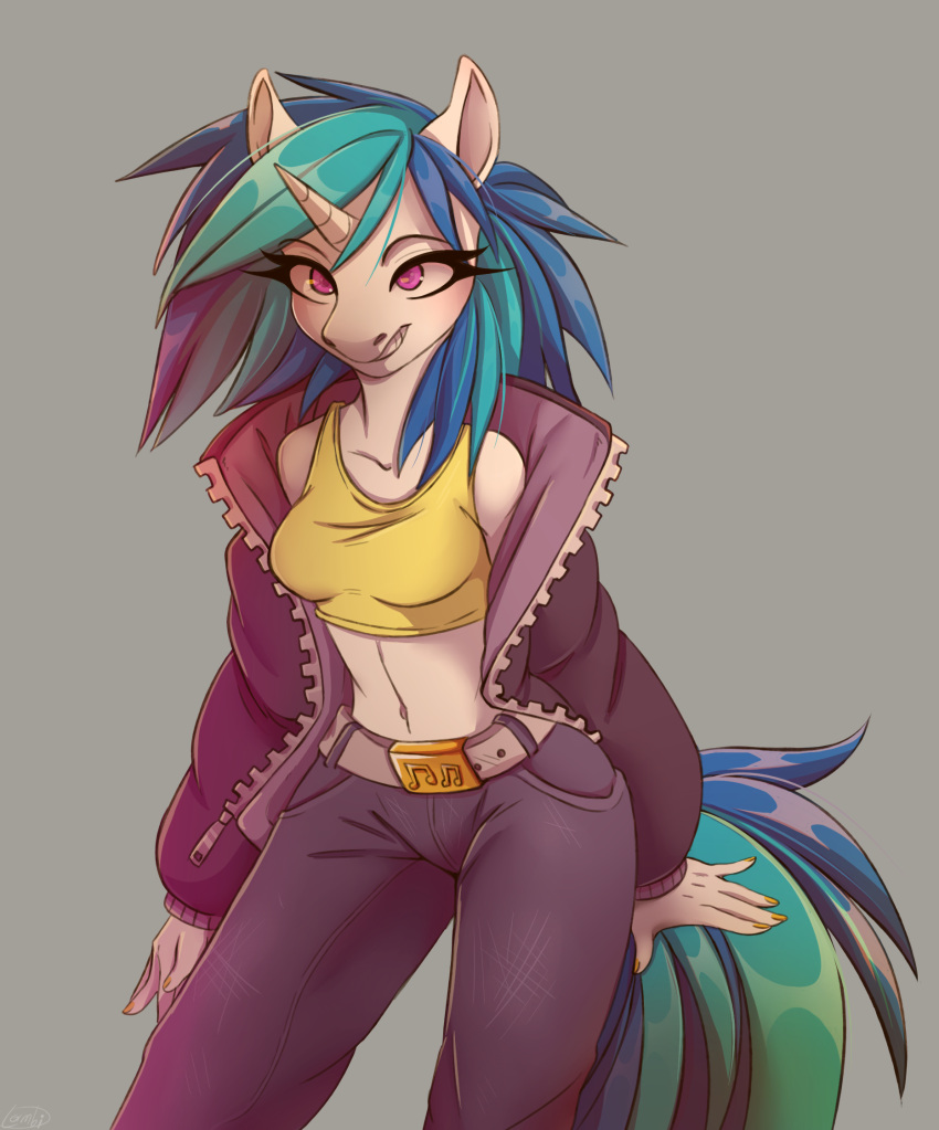 2019 anthro anthrofied belt belt_buckle black_eyeshadow blue_eyes bottomwear clothing equid equine eyeshadow female friendship_is_magic hi_res horn jacket makeup mammal my_little_pony pants ponsex purple_eyes shirt solo tank_top topwear unicorn vinyl_scratch_(mlp)