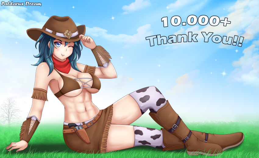 1girl abs alternate_costume animal_print blue_eyes boots breasts byleth_(fire_emblem) byleth_(fire_emblem)_(female) cow_print cowboy_hat fire_emblem fire_emblem:_three_houses gun hat highres large_breasts looking_at_viewer medium_hair one_eye_closed patdarux sideboob sitting smile solo underboob weapon western