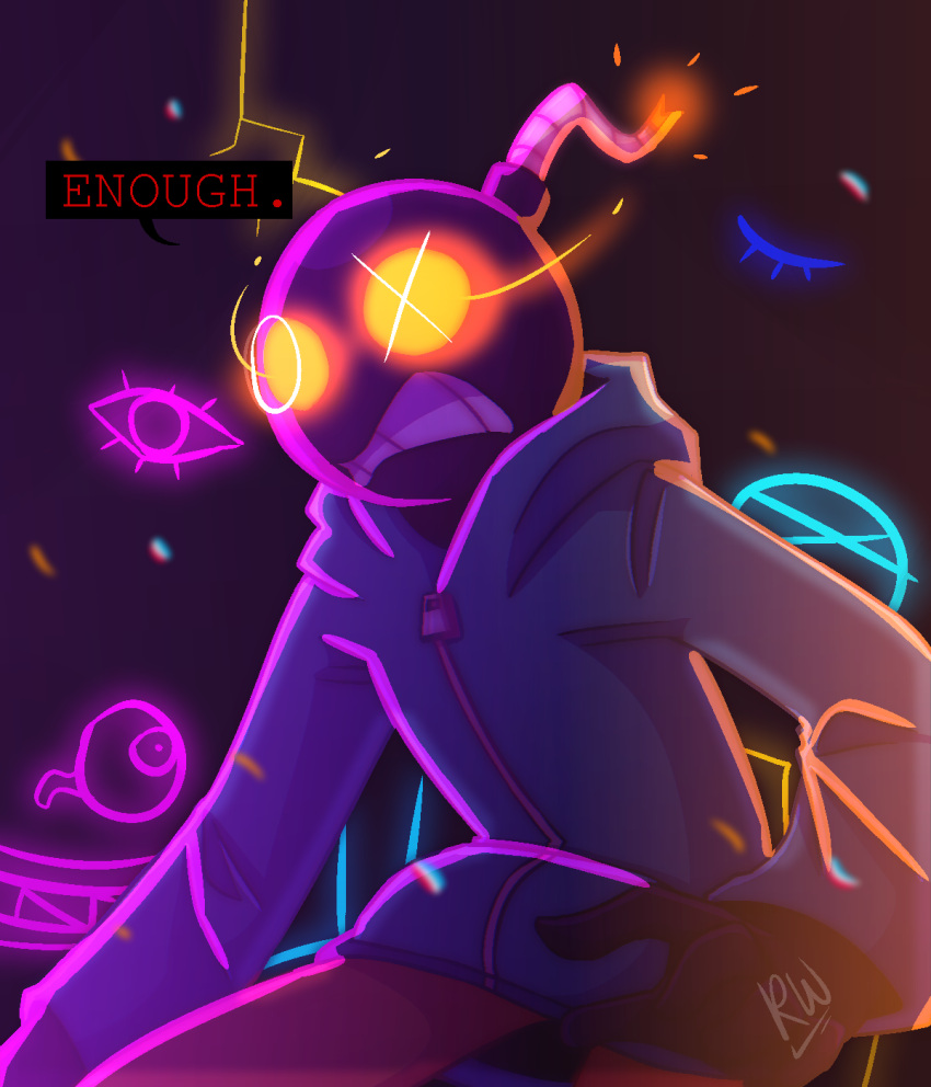 2021 angry black_body black_skin bomb bottomwear clenched_teeth clothed clothing detailed dialogue dialogue_box english_text explosives for_a_head friday_night_funkin frown fuse glowing glowing_eyes hi_res hoodie humanoid male not_furry o_o object_head orange_sclera pants portrait purple_background rustytrainrails simple_background solo standing sweater teeth text topwear video_games white_eyes whitty_(fnf) wide_eyed zipper