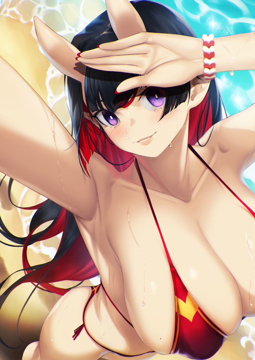 1girl arm_up armpits ass bangs bare_shoulders beach bikini black_hair blueorca blush bracelet breasts bright_pupils caustics cleavage collarbone colored_inner_hair covered_nipples day eyebrows_visible_through_hair feet_out_of_frame foreshortening from_above hand_on_forehead hand_up highres horns jewelry large_breasts lips long_hair mole mole_on_breast multicolored_hair nail_polish oni_horns original outdoors parted_lips purple_eyes red_bikini red_hair red_nails selfie smile solo standing swimsuit swimwear very_long_hair water wet white_pupils