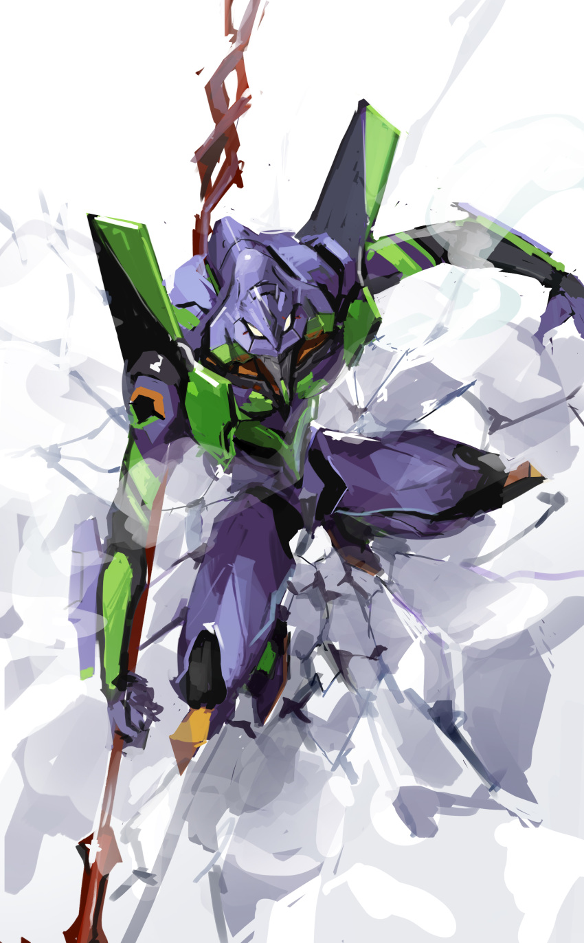 absurdres eva_01 ground_shatter highres holding holding_lance holding_polearm holding_weapon horns kaname_(emanalc) kneeling lance lance_of_longinus looking_up mecha neon_genesis_evangelion no_humans open_hand polearm rebuild_of_evangelion science_fiction single_horn solo weapon white_eyes