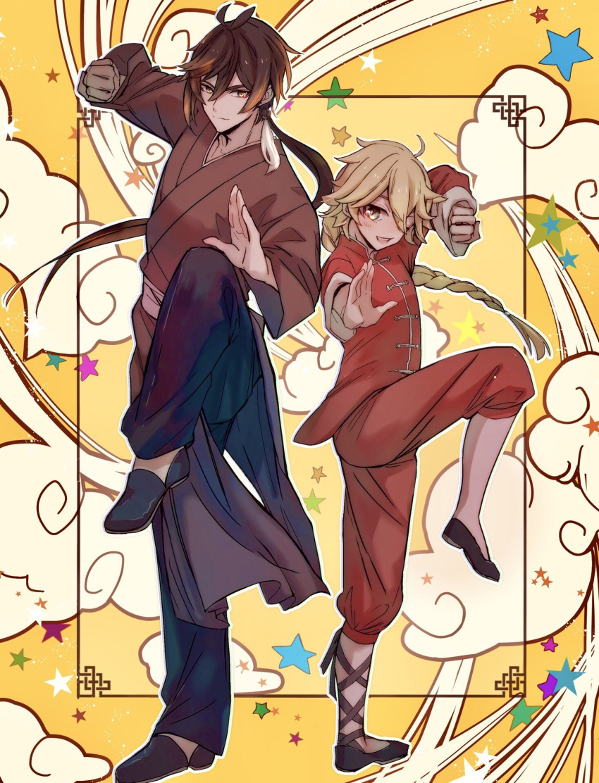 2boys aether_(genshin_impact) ahoge bangs black_hair blonde_hair blush braid brown_hair chinese_clothes clenched_hand closed_mouth cloud earrings eyeliner genshin_impact gradient_hair hair_between_eyes highres hinata0313 jewelry kung_fu long_hair long_pants long_sleeves looking_at_viewer makeup male_focus multicolored_hair multiple_boys open_mouth pants ponytail shoes single_earring smile standing standing_on_one_leg star_(symbol) tassel tassel_earrings yellow_eyes zhongli_(genshin_impact)