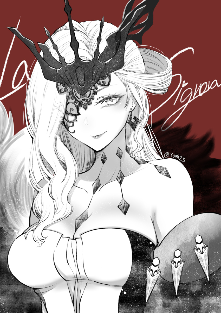 1girl akano_yomi bare_shoulders black_gloves breasts character_name cleavage coat collarbone dangle_earrings dress earrings elbow_gloves eyelashes eyepatch fur-trimmed_coat fur_trim gem genshin_impact gloves headpiece highres huge_breasts jewelry lace-trimmed_eyepatch lips long_hair looking_at_viewer monochrome off_shoulder one_eye_covered partial_monochrome red_background ringlets signora simple_background skindentation smile solo strapless strapless_dress studded_gloves tsurime twitter_username upper_body white_dress