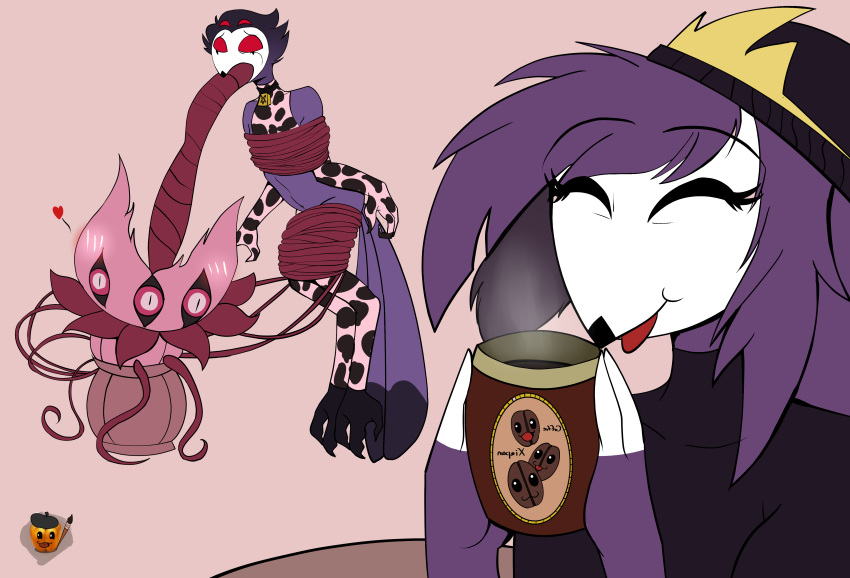 absurd_res anthro avian beverage bird blush blush_lines bound coffee demon duo eyes_closed female forced grishnax helluva_boss hi_res male male/female octavia_(vivzmind) owl owl_demon plant smile stolas_(vivzmind) submissive submissive_male tentacles