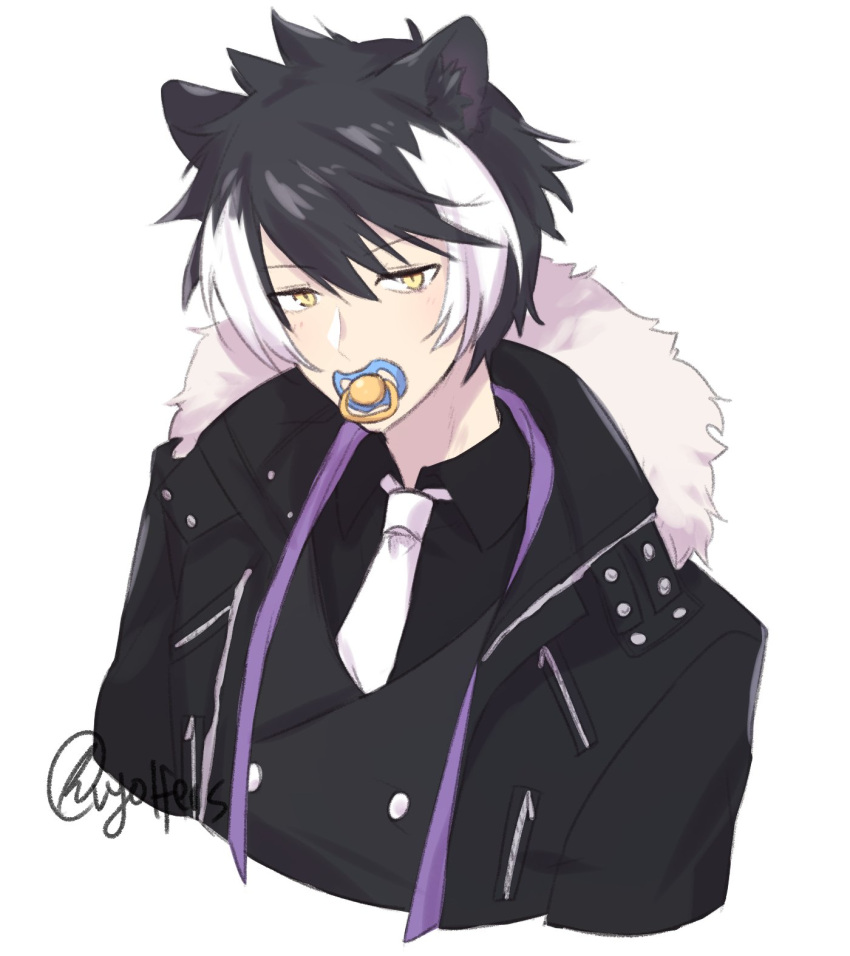 1boy animal_ears black_hair black_jacket black_shirt black_vest collared_shirt english_commentary eyebrows_visible_through_hair fur_trim highres holostars jackal_boy jackal_ears jacket kageyama_shien male_focus multicolored_hair necktie pacifier shirt solo streaked_hair upper_body vest virtual_youtuber vyolfers white_background white_hair white_neckwear yellow_eyes