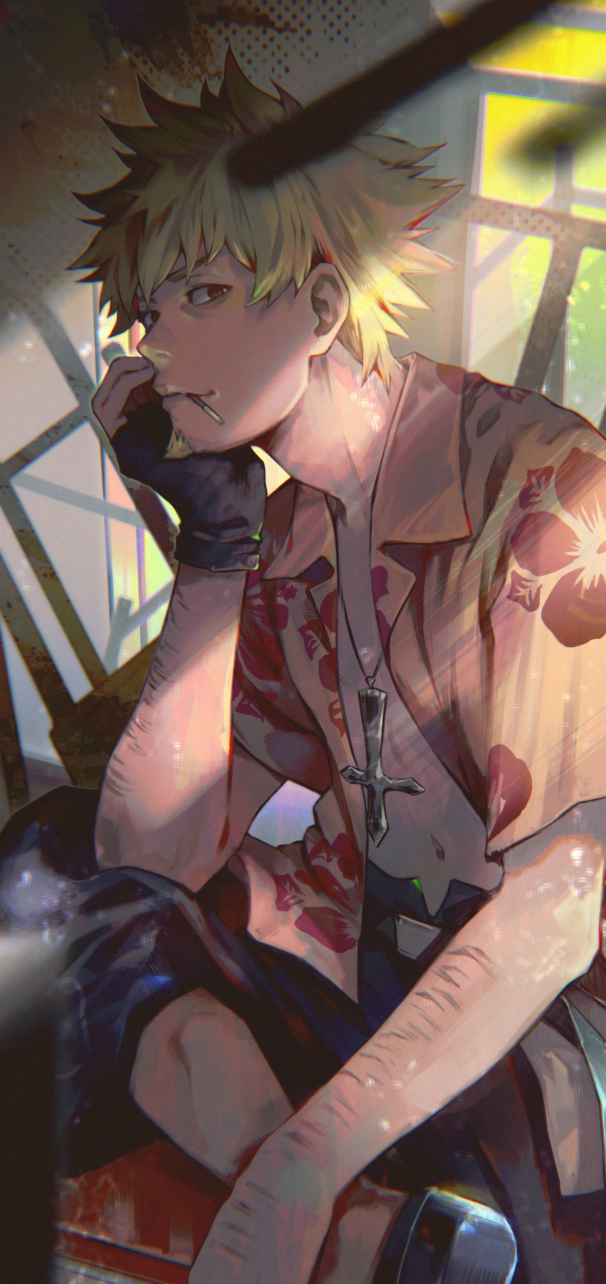 1boy absurdres bakemonogatari blonde_hair brown_eyes cigarette cross facial_hair fingerless_gloves gloves goatee hawaiian_shirt highres inverted_cross jewelry kyuuba_melo looking_at_viewer monogatari_(series) necklace oshino_meme shirt short_hair solo spiked_hair