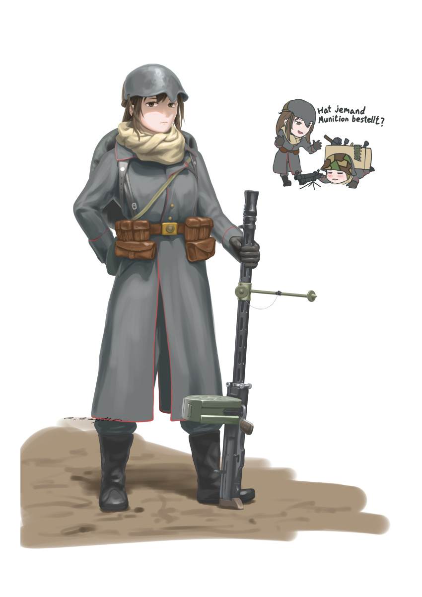 1girl absurdres ammunition_belt battlefield_1 blush box_magazine camouflage_helmet crate explosive gloves grenade gun helmet highres holding holding_weapon long_hair military military_uniform ryan_greythorn standing translation_request uniform weapon