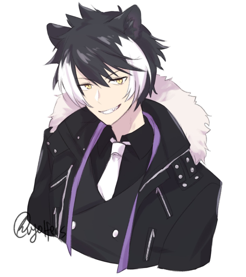 1boy animal_ears black_hair black_jacket black_shirt black_vest collared_shirt english_commentary eyebrows_visible_through_hair fang fur_trim highres holostars jackal_boy jackal_ears jacket kageyama_shien male_focus multicolored_hair necktie shirt smile solo streaked_hair upper_body v-shaped_eyebrows vest virtual_youtuber vyolfers white_background white_hair white_neckwear yellow_eyes