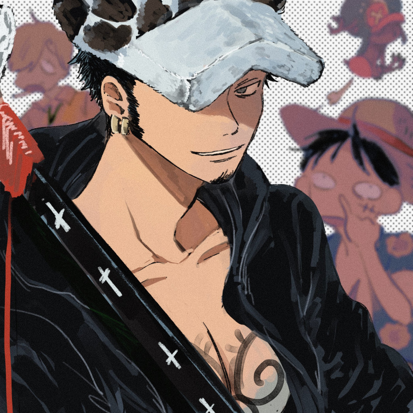 4boys black_hair earrings facial_hair fur_hat goatee hat hat_over_one_eye highres jewelry looking_at_viewer makenevemoiine male_focus monkey_d._luffy multiple_boys one_piece open_clothes open_shirt sanji sheath sheathed short_hair smile solo_focus tattoo tony_tony_chopper trafalgar_law