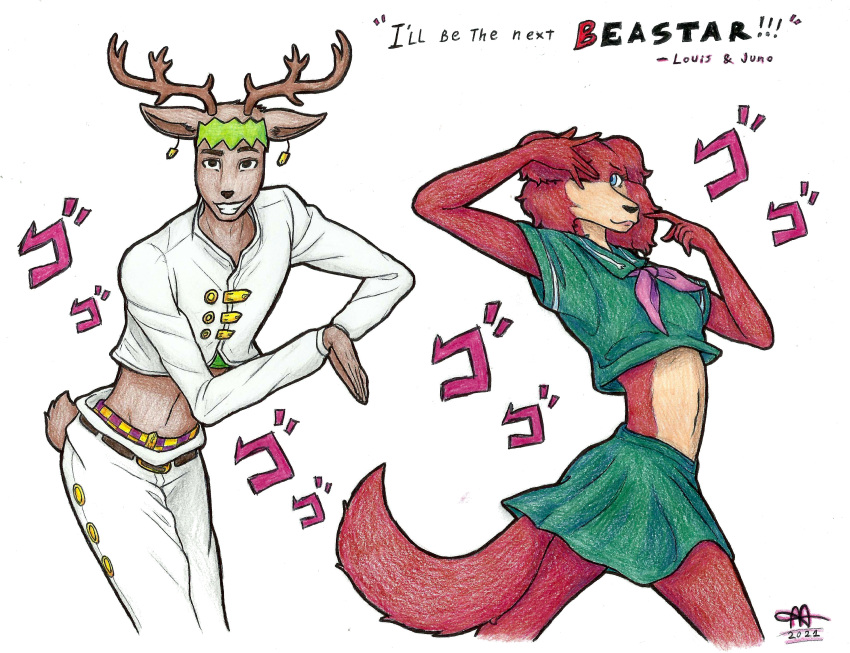 The Big ImageBoard (TBIB) - anthro asian clothing beastars blue eyes  clothing duo ear piercing east asian clothing female girly hi res horn  japanese clothing japanese text jojo's bizarre adventure jojo pose