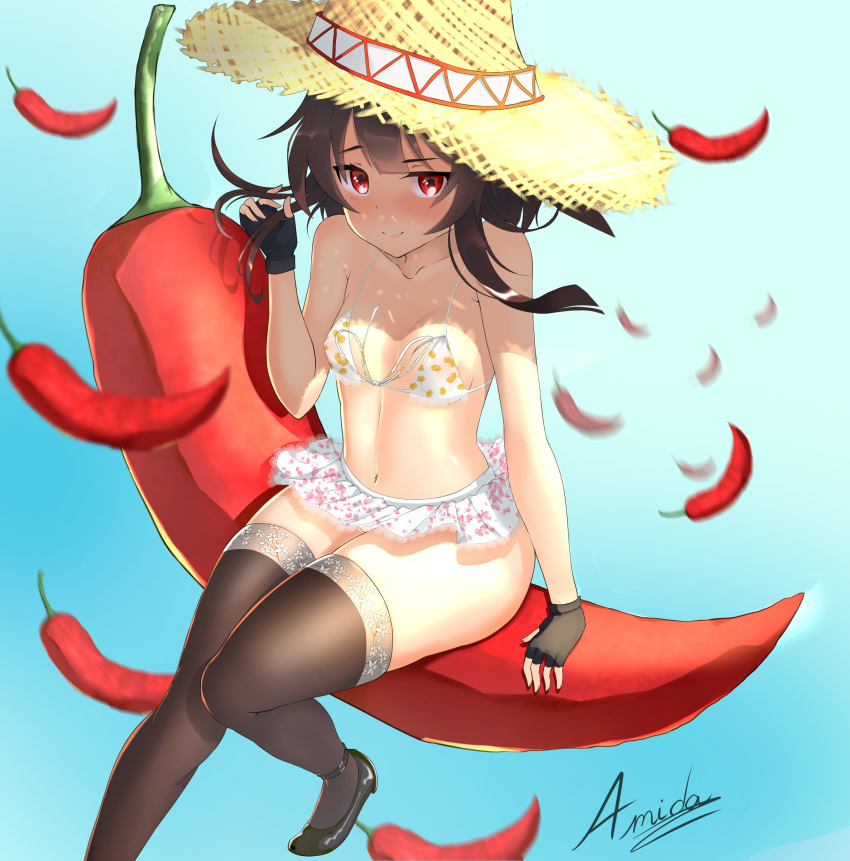 1girl absurdres amida_sk blue_background blush brown_hair chili_pepper closed_mouth hat highres megumin red_eyes shoes simple_background smile solo swimsuit swimsuit_skirt thighhighs thighs