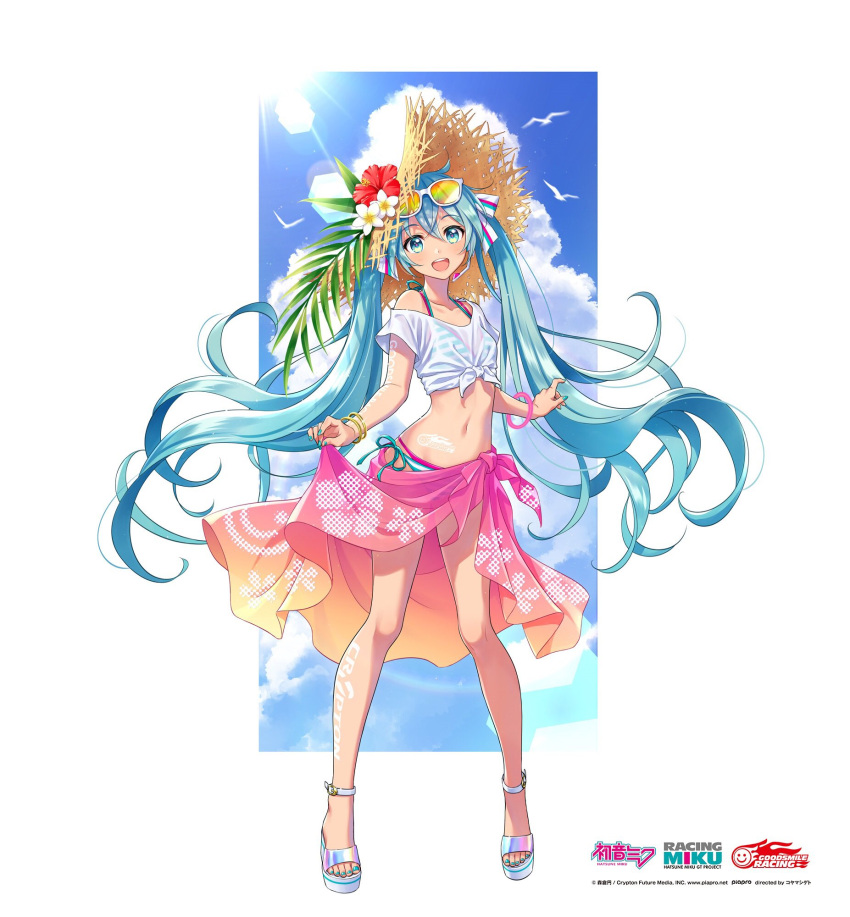 1girl :d ankle_strap aqua_eyes aqua_hair aqua_nails artist_request bangle bikini bikini_under_clothes bird bracelet buckle cloud commentary_request eyebrows_visible_through_hair eyewear_on_head fingernails floating_hair floral_print flower full_body glowing goodsmile_racing gradient gradient_clothes gradient_sarong hair_between_eyes hair_ribbon halftone halterneck hat hat_flower hatsune_miku hibiscus highres jewelry lens_flare logo long_hair looking_at_viewer microphone midriff multicolored multicolored_sarong nail_polish navel official_alternate_costume official_art open_mouth pink_bikini platform_footwear plumeria racing_miku red_flower ribbon sandals sarong second-party_source see-through shirt short_sleeves side-tie_bikini skirt_hold smile solo standing stomach straw_hat striped striped_bikini striped_ribbon sun sun_hat sunglasses sunlight swimsuit tan tattoo tied_shirt tinted_eyewear toenail_polish toenails twintails upper_teeth very_long_hair vocaloid watermark white_flower white_shirt