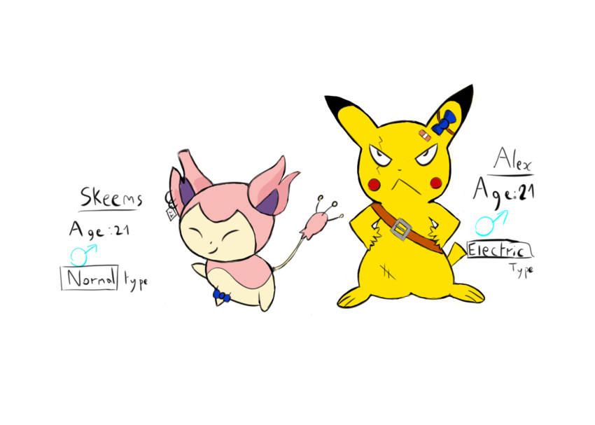 ambiguous_gender band-aid bandage duo eelav english_text eye_scar facial_scar flat_colors fur gender_symbol hi_res looking_angry nintendo pikachu pink_body pink_fur pok&eacute;mon pok&eacute;mon_(species) scar simple_background skitty symbol text video_games white_background yellow_body ♂