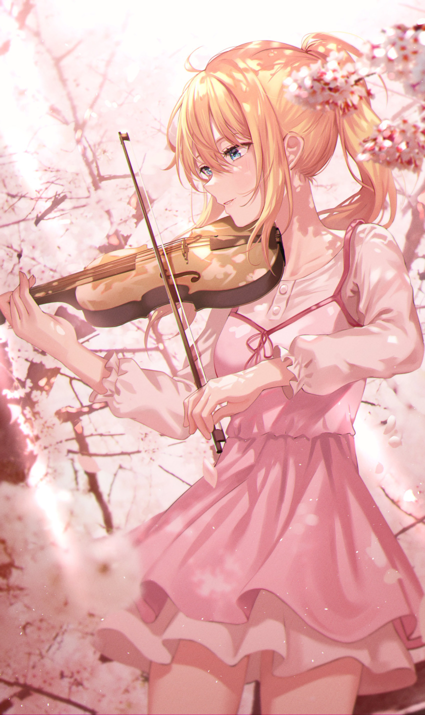 1girl absurdres ahoge bangs blonde_hair blue_eyes cherry_blossoms collarbone commentary_request cowboy_shot day highres holding holding_instrument instrument long_hair long_sleeves looking_away looking_to_the_side miyazono_kawori music outdoors petals pink_skirt playing_instrument ponytail ribbon shigatsu_wa_kimi_no_uso shirt skirt solo tokkyu violin