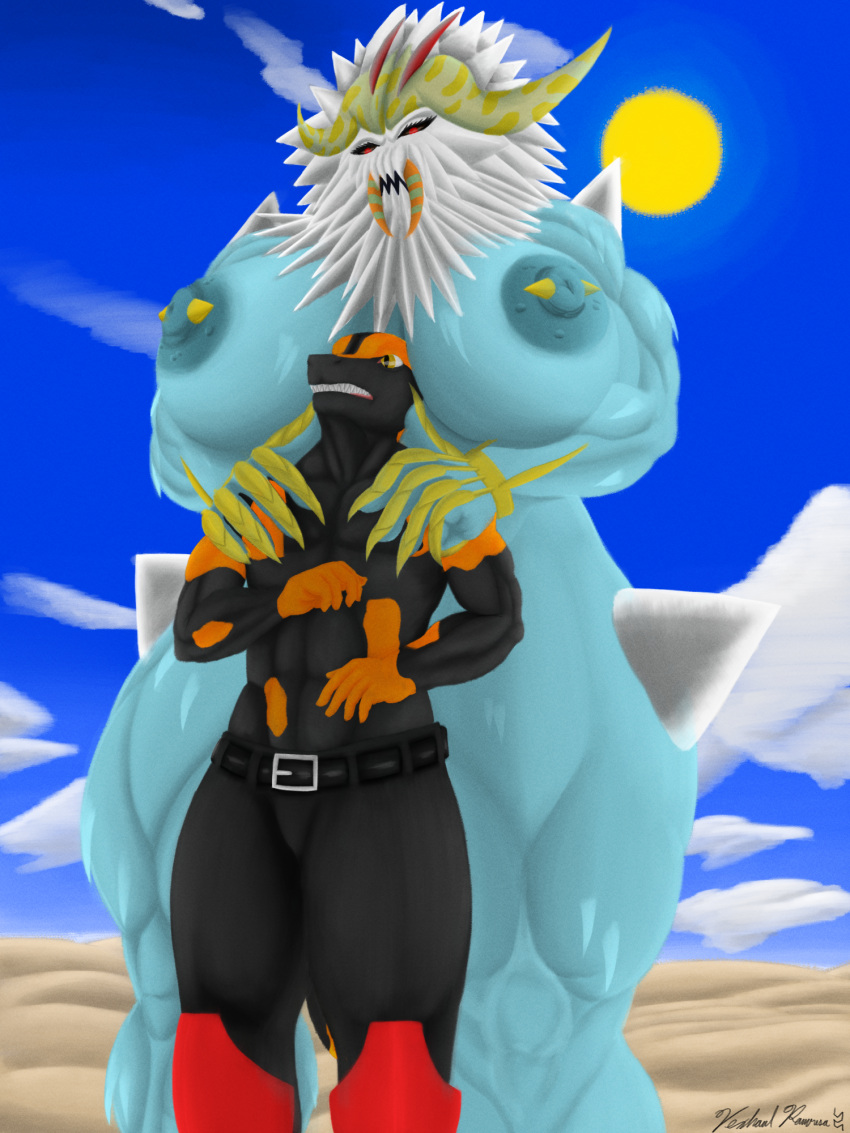 2021 5_fingers abs amphibian anthro areola big_areola big_breasts big_muscles big_nipples black_body black_sclera blue_body boots bottomwear breasts clenched_teeth clothed clothing disney duo female fingers fire_salamander_(salamander) footwear hair hands_on_shoulders head_in_cleavage hi_res horn huge_breasts huge_muscles ice larger_female looking_down male max_(maxdamage_rulz) multicolored_body muscular muscular_female muscular_thighs nervous nipple_piercing nipples open_mouth orange_body pagoyama pants partially_clothed piercing red_eyes salamander_(amphibian) sand signature size_difference sky smaller_male spectrobes spikes sun teeth tusks two_tone_body vexhaul_ramousa white_hair yellow_eyes