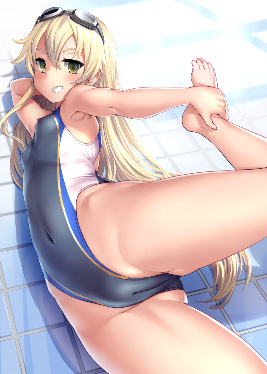 1girl alternate_costume arm_up armpits ass_visible_through_thighs bangs bare_arms bare_legs bare_shoulders barefoot blonde_hair blush bosshi breasts cameltoe competition_swimsuit covered_navel covered_nipples cowboy_shot eyebrows_visible_through_hair eyewear_on_head flexible from_below green_eyes grin hands_on_feet highleg highleg_swimsuit highres holding kantai_collection leg_lift leg_up long_hair looking_at_viewer one-piece_swimsuit open_mouth shimakaze_(kancolle) small_breasts smile solo standing standing_on_one_leg stretch swimsuit teeth toes