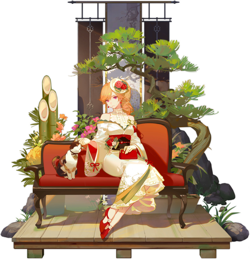 1girl ask_(askzy) azur_lane bare_shoulders bow cat center_frills couch earrings feet floral_print frills highres japanese_clothes jewelry kimono legs long_hair off-shoulder_kimono off_shoulder official_alternate_costume official_art orange_hair pink_eyes promotional_art red_footwear red_sash richelieu_(azur_lane) richelieu_(evergreen_prophecy)_(azur_lane) sash sitting solo transparent_background white_kimono wide_sleeves wooden_floor