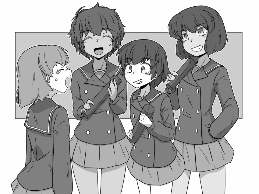 4girls bangs bob_cut buttons closed_eyes commentary crying dark_skin diploma double-breasted eyebrows_visible_through_hair frown girls_und_panzer graduation greyscale grin hand_in_pocket highres holding hoshino_(girls_und_panzer) jacket looking_at_another miniskirt monochrome multiple_girls nakajima_(girls_und_panzer) ooarai_school_uniform open_mouth pleated_skirt red_eyes renshiu sailor_collar school_uniform short_hair skirt smile standing suzuki_(girls_und_panzer) sweatdrop tears tsuchiya_(girls_und_panzer) winter_uniform