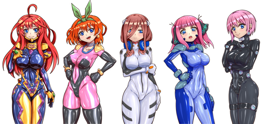 5girls ahoge black_bodysuit blue_bodysuit blue_eyes bodysuit breasts brown_hair closed_mouth cosplay cowboy_shot eyebrows_behind_hair fortified_suit g_gundam gantz gantz_suit go-toubun_no_hanayome green_hairband green_ribbon gundam hair_between_eyes hair_ornament hair_ribbon hairband headphones headphones_around_neck highres interface_headset large_breasts latex latex_bodysuit long_hair lyrical_nanoha mahou_shoujo_lyrical_nanoha_strikers medium_hair mobile_trace_suit multicolored multicolored_bodysuit multicolored_clothes multiple_girls muvluv muvluv_alternative muvluv_total_eclipse nakano_ichika nakano_itsuki nakano_miku nakano_nino nakano_yotsuba neon_genesis_evangelion numbers'_uniform orange_hair pilot_suit pink_bodysuit pink_hair plugsuit quintuplets rain_mikamura rain_mikamura_(cosplay) red_hair ribbon short_hair skin_tight star_(symbol) star_hair_ornament white_bodysuit