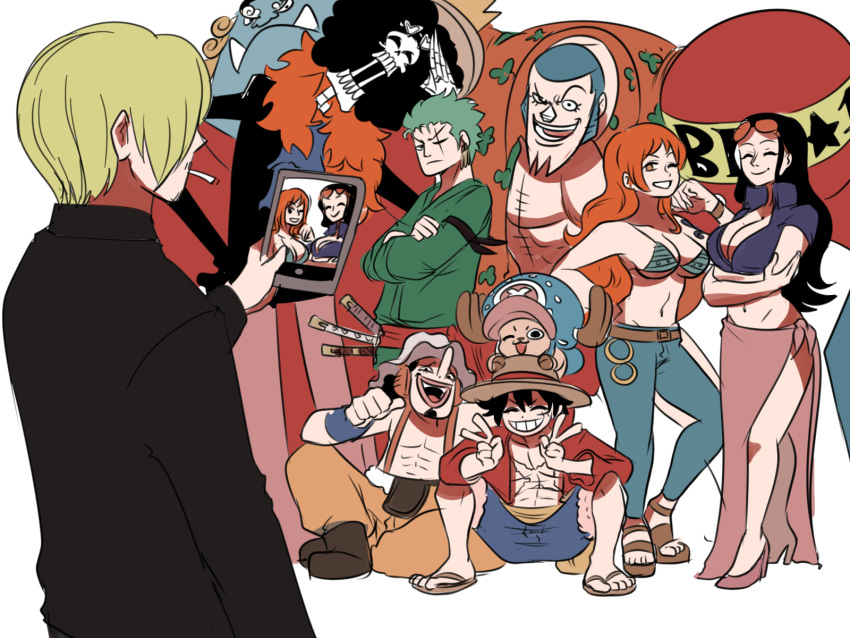 2girls 6+boys bikini bikini_top blue_skin breasts brook cigarette cleavage colored_skin crossed_arms cyborg double_v everyone eyewear_on_head fishman franky group_picture hat highres jimbei long_hair midriff monkey_d_luffy multiple_boys multiple_girls nami_(one_piece) navel nico_robin one_piece phone pose roronoa_zoro sanji scar scar_across_eye skeleton straw_hat swimsuit tina_fate tony_tony_chopper usopp v