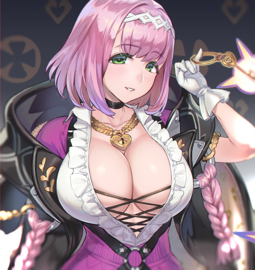 1girl black_choker black_jacket blush breasts choker collarbone cropped eyebrows_visible_through_hair frills gloves green_eyes highres jacket jewelry key keyring large_breasts lock looking_at_viewer necklace o-ring ookuma_nekosuke original parted_lips patterned patterned_background pink_hair short_hair smile solo sparkle upper_body white_gloves