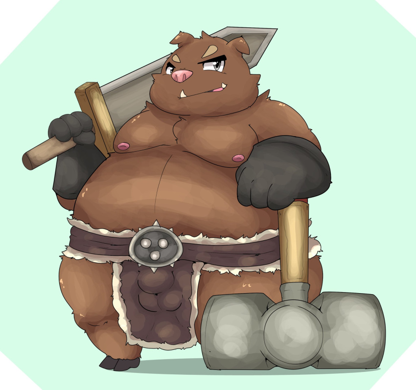2021 anthro balls_outline bottomwear brown_body brown_fur bulge clothing fur genital_outline hi_res kemono kusosensei loincloth male mammal moobs nipples overweight overweight_male penis_outline simple_background solo suid suina sus_(pig) weapon wild_boar