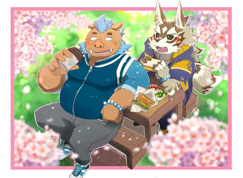 2021 anthro blush bottomwear brown_body brown_fur canid canine canis cherry_blossom cherry_tree clothing duo eating food fruit_tree fur gouryou hi_res jackal kemo_nikomi kemono male male/male mammal overweight overweight_male pants plant seth_(tas) sitting suid suina sus_(pig) tokyo_afterschool_summoners tree video_games wild_boar