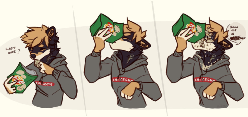 2020 ambiguous_gender anthro canid canine canis censored_text chips_(food) clothing crumbs domestic_dog eating food fur fuzzy hi_res hoodie mammal multicolored_body multicolored_fur shiba_inu solo speech_bubble spitz sunny_(wereshiba) text text_on_clothing text_on_hoodie text_on_topwear topwear wereshiba