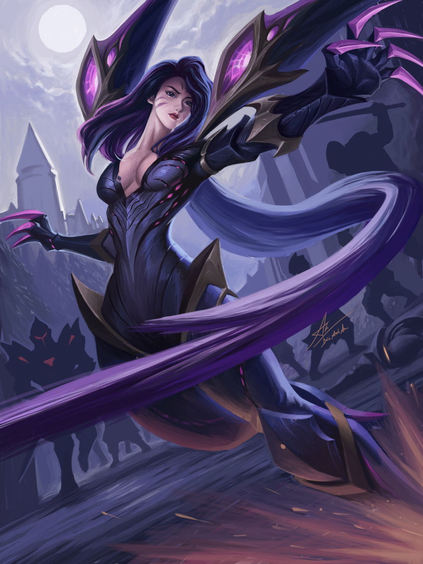 1girl 6+others absurdres armor blue_eyes breasts bui_anh_an castle claws cleavage closed_mouth cloud cloudy_sky facial_mark floating floating_object floating_weapon full_armor highres kai'sa league_of_legends long_hair moon mountain multiple_others outdoors purple_hair red_lips signature sky solo_focus sparks very_long_hair weapon
