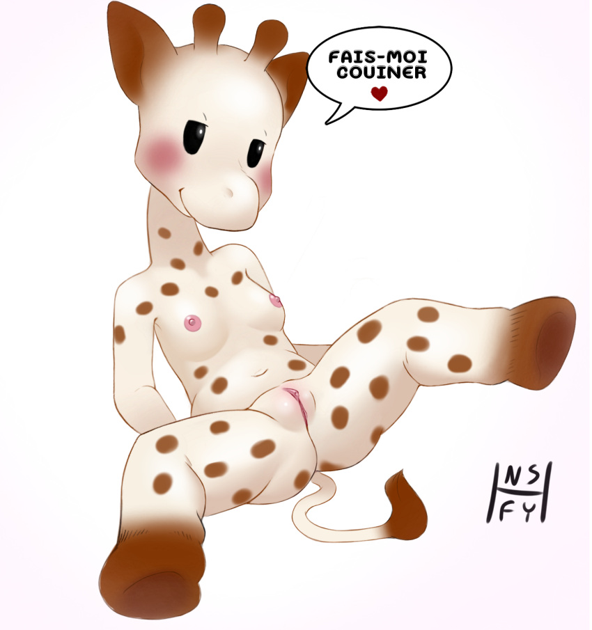 anthro beady_eyes bedroom_eyes blush breasts brown_ears dialogue female genitals giraffe giraffid hi_res hooves horn inviting mammal narrowed_eyes nsfy_(artist) presenting presenting_pussy pussy seductive small_breasts solo sophie_la_giraffe spots tail_tuft tuft white_body