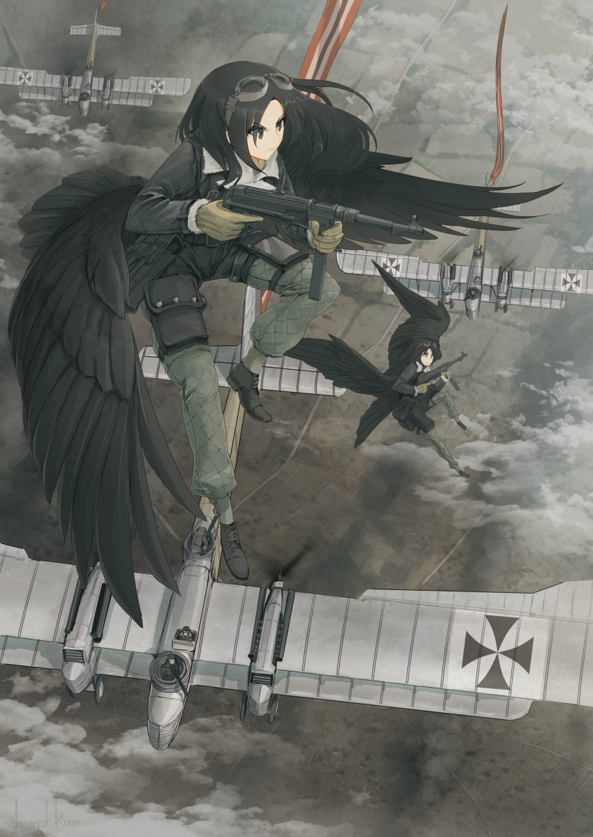 2girls aircraft airplane asterisk_kome belt_pouch black_footwear black_hair black_jacket black_wings bomber_jacket brown_gloves cloud commentary_request feathered_wings flying full_body gloves goggles goggles_on_head green_pants gun highres holding holding_weapon iron_cross jacket laura_jumo long_hair mp40 multiple_girls pants pouch signature submachine_gun weapon winged_fusiliers wings