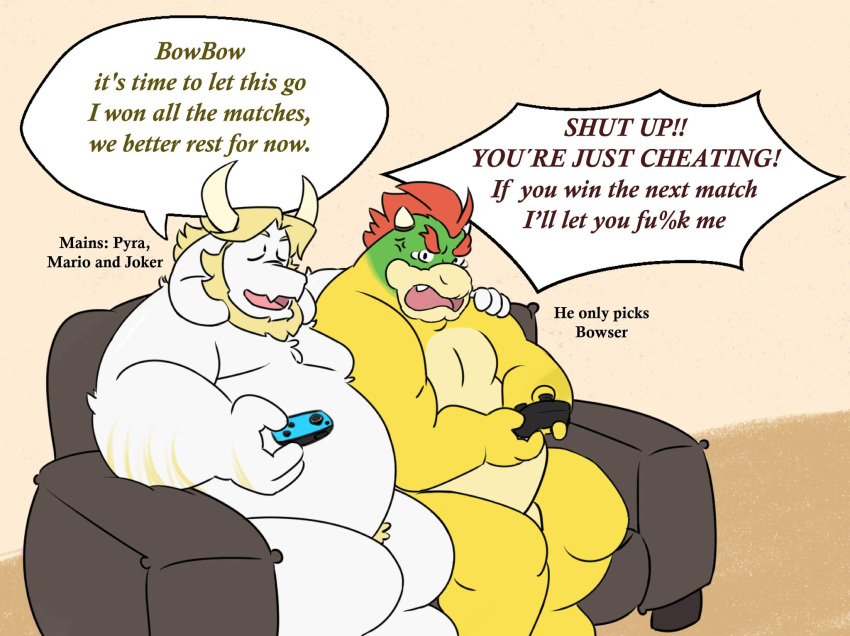 2021 anthro asgore_dreemurr bodily_fluids boss_monster bovid bowser caprine controller duo english_text eyes_closed fur furniture game_controller gaming genitals hi_res hug humanoid_hands koopa male mammal mario_bros nintendo nintendo_switch overweight overweight_male penis playing_videogame pubes ragnadope scalie sitting sofa tears text undertale video_games white_body white_fur