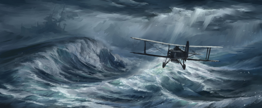 abe_yasushi_(umizoi_tibet) aircraft airplane battleship biplane bismarck_(battleship) cloud cloudy_sky highres light_rays military military_vehicle no_humans ocean original roundel ship sky swordfish_(airplane) torpedo torpedo_bomber vehicle_focus warship watercraft waves world_war_ii