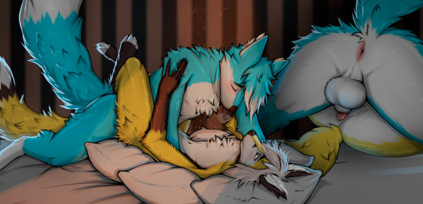 agra anal anal_knotting anal_penetration anthro anthro_on_anthro anthro_penetrated anthro_penetrating anthro_penetrating_anthro anthro_penetrating_male anus balls blue_body blue_fur blue_hair blush canid canine dipstick_tail duo eyes_closed fox fur genitals hair knotting male male/male male_penetrated male_penetrating male_penetrating_anthro male_penetrating_male mammal multicolored_tail oxfort2199 penetration penis pillow sex suso white_hair yellow_body yellow_fur