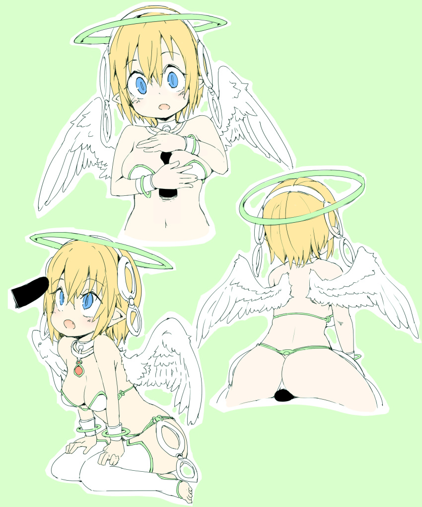 1girl absurdres angel angel_wings blonde_hair blue_eyes breasts disembodied_penis doodle green_background grinding halo highres leaning_forward ls-lrtha medium_breasts open_mouth original paizuri penis pointy_ears short_hair simple_background sitting thighhighs toeless_legwear wariza wings