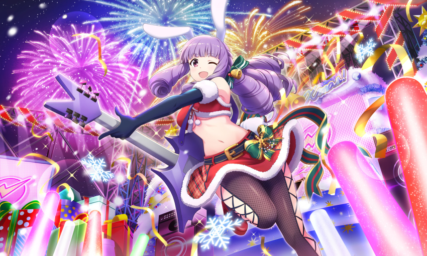 1girl animal_ears artist_request bell bikini blush breasts bunny_ears bunny_tail christmas christmas_present chuchu_(show_by_rock!!) drill_hair eyebrows_visible_through_hair fireworks fishnet_legwear fishnets guitar hair_bell hair_ornament instrument long_hair looking_at_viewer navel official_art one_eye_closed open_mouth purple_eyes purple_hair santa_bikini santa_dress shiny shiny_hair show_by_rock!! smile solo swimsuit tail underboob