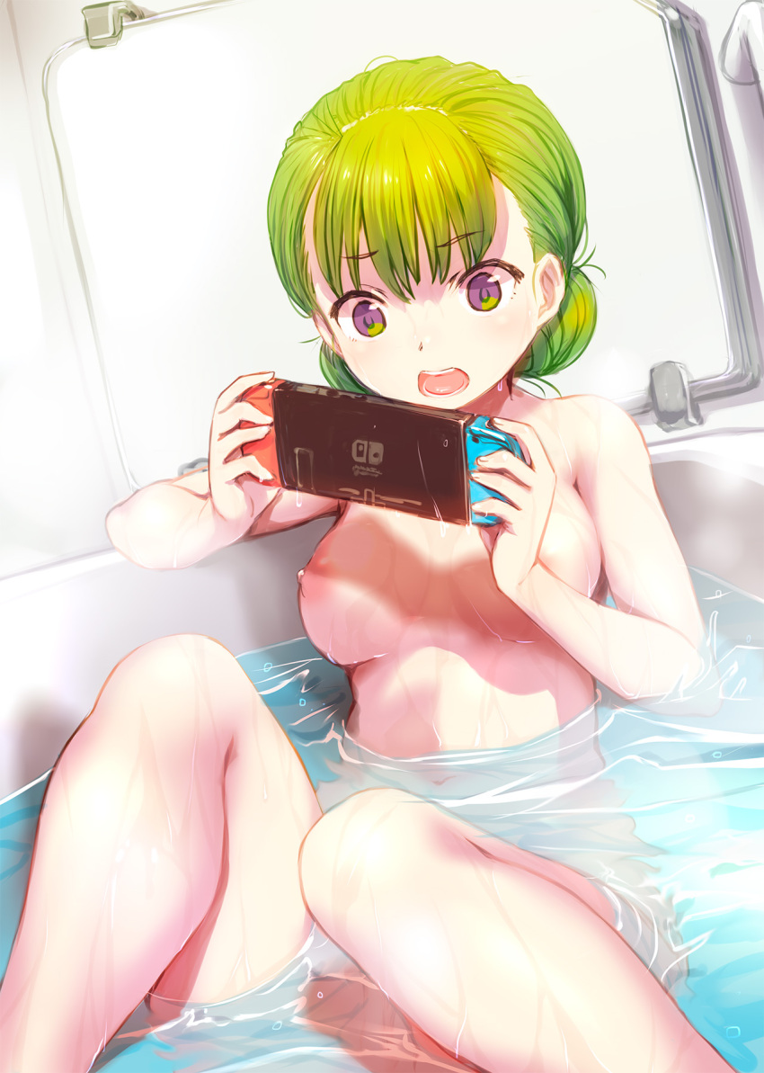 1girl bangs bathing bathtub breasts completely_nude eyebrows_visible_through_hair feet_out_of_frame green_hair handheld_game_console highres knees_up medium_breasts mikazuki_akira! navel nintendo_switch nipples nude open_mouth original partially_submerged playing_games purple_eyes short_hair sitting solo steam water wet