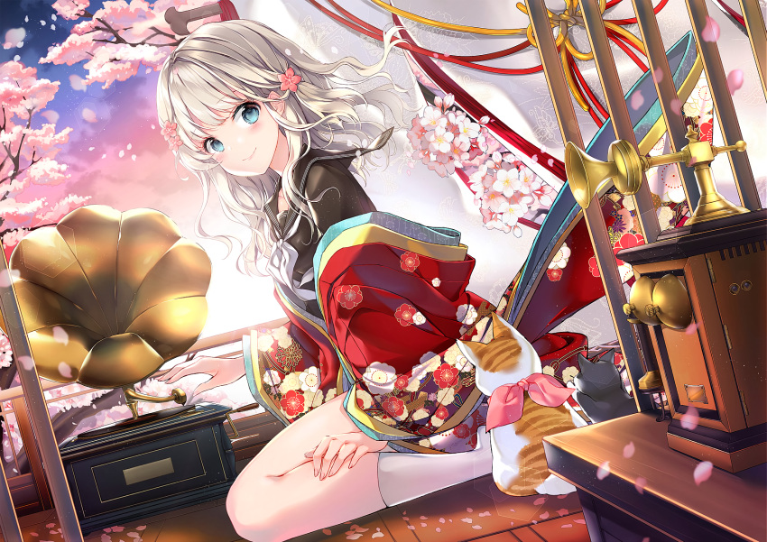 aliasing animal blush cat cherry_blossoms clouds flowers gray_hair japanese_clothes juna long_hair original school_uniform sky tree