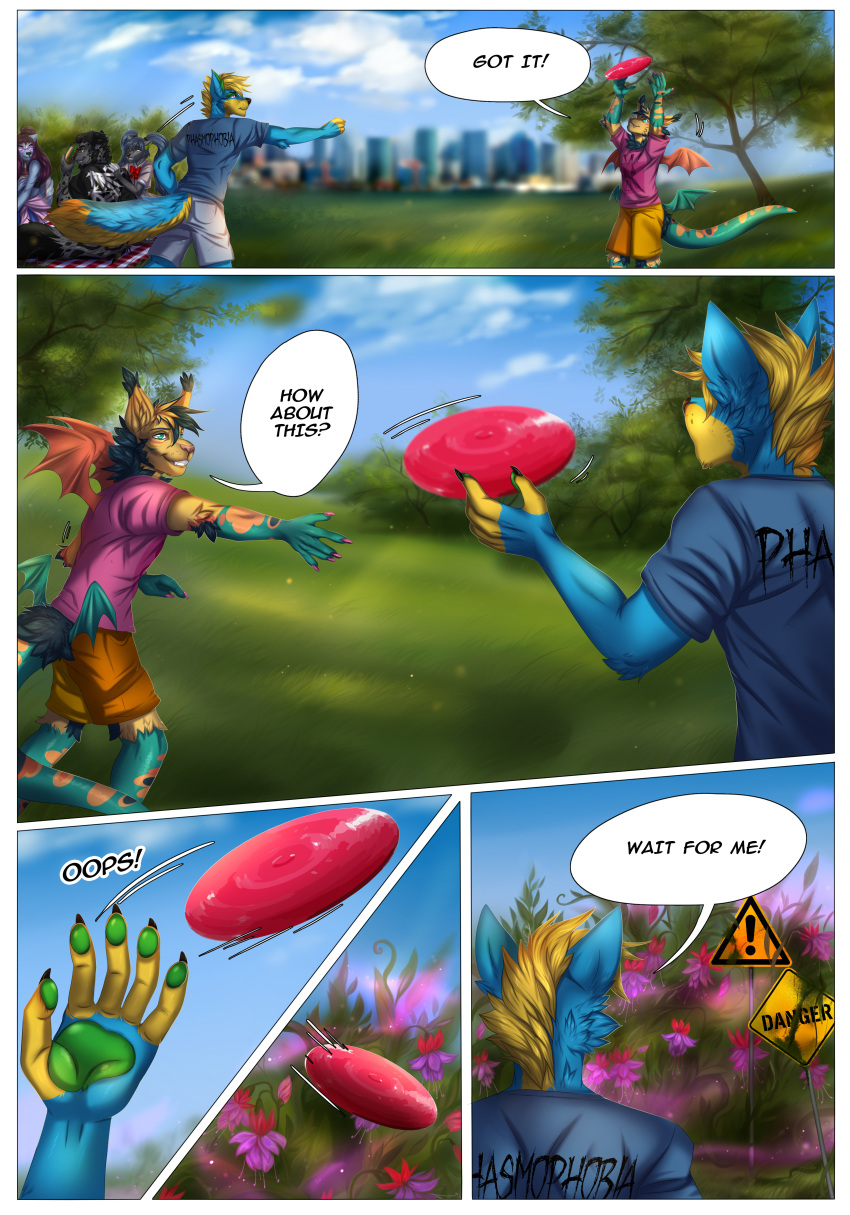 2021 5_fingers absurd_res anthro canid canine clothed clothing comic day detailed_background digital_media_(artwork) english_text fingers hi_res lesspie male mammal outside sky smile standing tai_l_rodriguez text