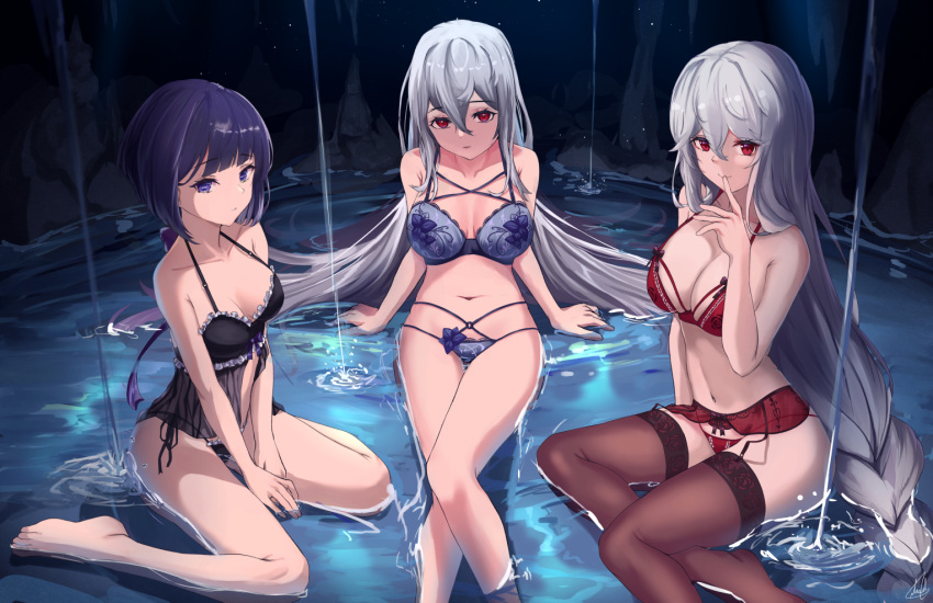 aliasing arknights barefoot bra garter_belt gray_hair long_hair nevin_(flyskying) panties purple_eyes purple_hair red_eyes short_hair underwear water