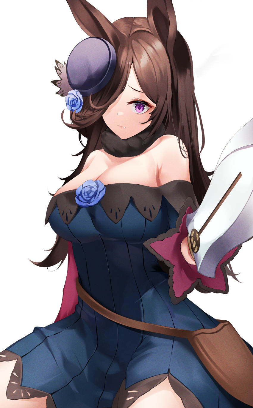 1girl absurdres alternate_breast_size animal_ears bare_shoulders belt blue_dress blue_flower blue_rose breasts brown_hair cleavage commentary dress flower fur_collar hair_over_one_eye hat hat_flower hat_ornament highres holding holding_sword holding_weapon horse_ears long_hair long_sleeves looking_at_viewer medium_breasts nevin_(flyskying) off-shoulder_dress off_shoulder parted_lips purple_eyes purple_headwear rice_shower_(umamusume) rose simple_background sitting solo sword symbol_commentary umamusume very_long_hair weapon white_background