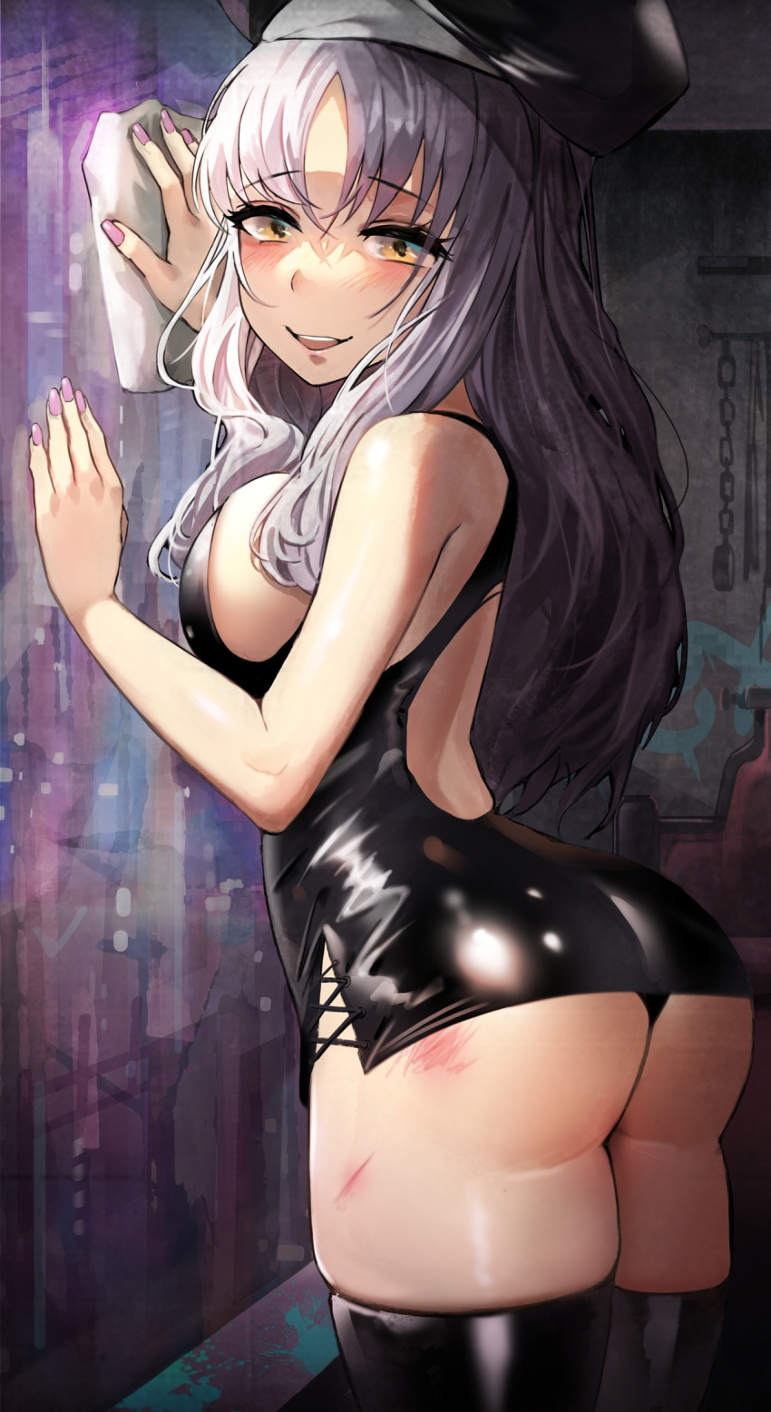 1girl ass back bangs bare_shoulders beret black_dress black_legwear blush breasts caren_hortensia dress fate/hollow_ataraxia fate_(series) grey_hair hat highres large_breasts long_hair looking_at_viewer looking_back open_mouth short_dress smile suou-sensei thighhighs yellow_eyes