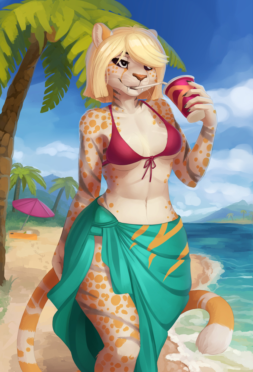 absurd_res anthro beach beach_umbrella bikini bikini_top black_sclera blonde_hair cheetah clothing cloud cloudscape cup drinking felid feline female fur hair hi_res mammal merrunz navel palm_tree plant sand sarong sea seaside sky solo spots spotted_body straw swimwear tree walking water white_body white_fur yellow_body yellow_fur