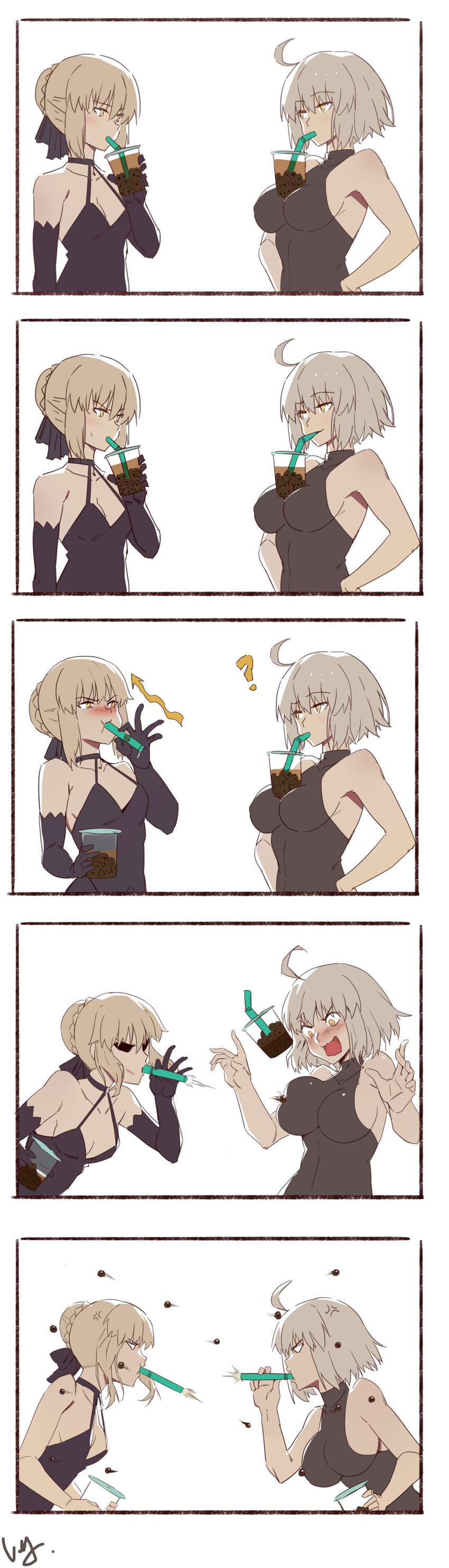 2girls absurdres ahoge artoria_pendragon_(all) bad_id bad_pixiv_id bare_arms bare_shoulders black_dress blonde_hair braid breasts bubble_tea_challenge club3 dress drinking drinking_straw duplicate elbow_gloves fate/grand_order fate_(series) gloves highres jeanne_d'arc_(alter)_(fate) jeanne_d'arc_(fate)_(all) milk_tea multiple_girls object_on_breast saber_alter short_hair silver_hair yellow_eyes
