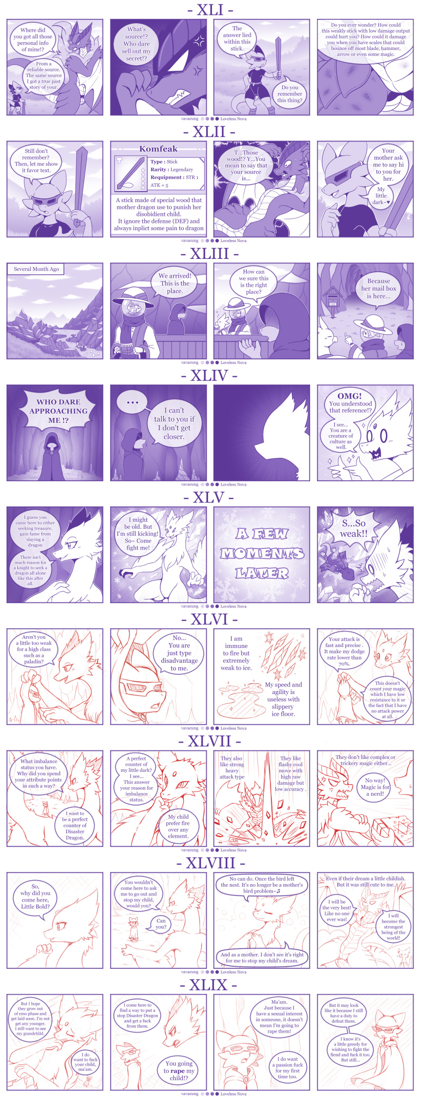 4koma absurd_res ambiguous_gender anthro avian bird braver_(character) chocobo clothing comic dialogue disaster_dragon dragon duo english_text feral final_fantasy fish hi_res jojo's_bizarre_adventure kobold marine mask melee_weapon menacing_approach monochrome profanity purple_theme scalie speech_bubble square_enix text vavacung video_games weapon wings