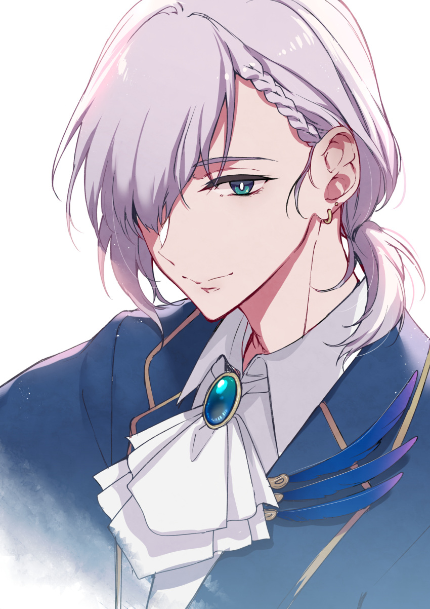 1boy aqua_eyes ascot blue_jacket braid brooch close-up collared_shirt genderswap genderswap_(ftm) hair_behind_ear hair_over_one_eye highres hololive hololive_indonesia jacket jewelry pavolia_reine pochi_(pochi-goya) ponytail shirt silver_hair simple_background single_braid smile solo virtual_youtuber white_background white_neckwear white_shirt