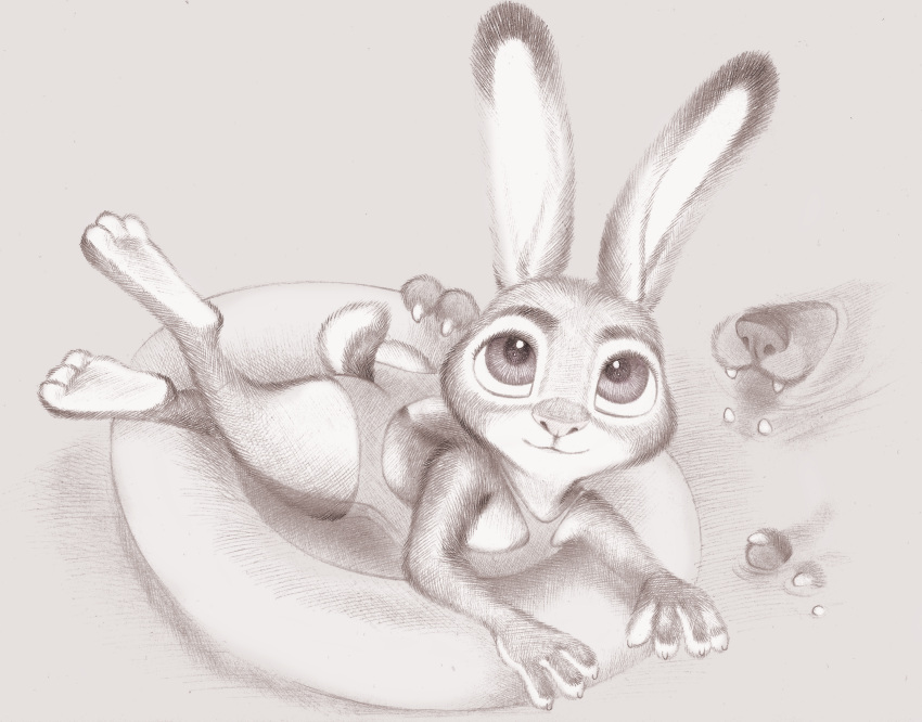 3_toes 4_fingers absurd_res anthro canid canine clothing dipstick_ears disney duo feet female fingers fox fuchs furgonomics greyscale hi_res inner_ear_fluff judy_hopps lagomorph leporid looking_up lying male mammal monochrome multicolored_ears nick_wilde on_front one-piece_swimsuit partially_submerged rabbit scut_tail simple_background sketch smile soles swimwear toes traditional_media_(artwork) tuft zootopia